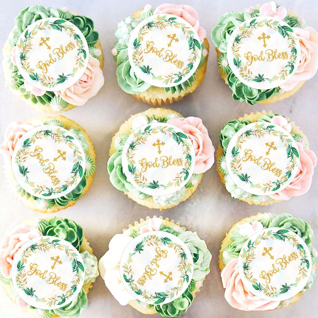 40 PCS Edible God Bless Cupcake Toppers Wafer Paper God Bless Cake Toppers Christian Theme Baby Shower Birthday Party Cake Decorations Supplies
