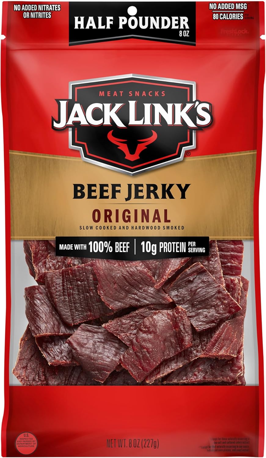 Jack Link's Beef Jerky Half Pounder - Original - Made with 100% Real Beef - Ready to Eat Real Meat Protein Snacks - 10g Protein per Serving - 8 oz Large Jerky Bag