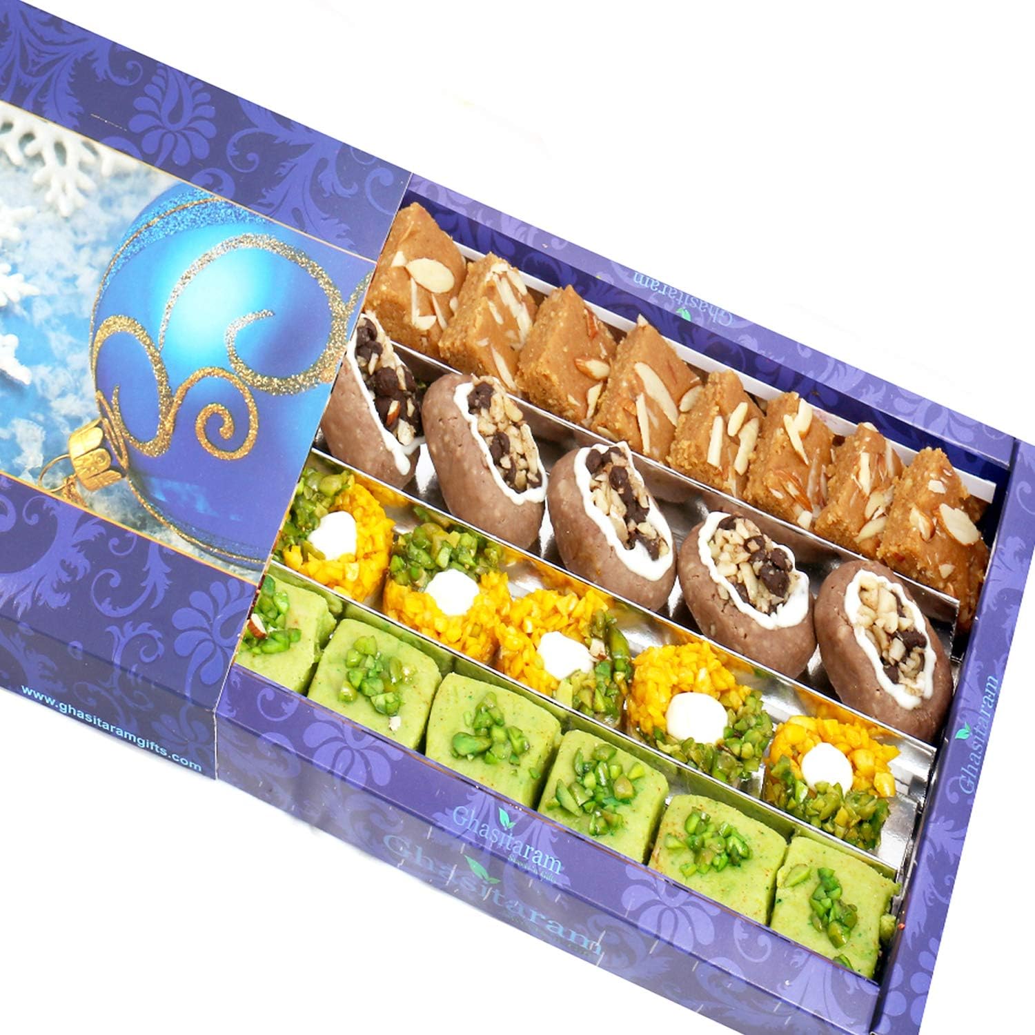 Ghasitaram Gifts Indian Sweets - Sweets -Assorted Box of Pista Barfi, Kesar Pista Delight, Choco Boat and Besan Barfi 800 GMS