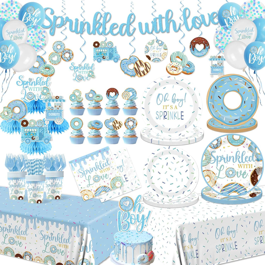 Baby Sprinkle Decorations for Boy,Blue Sprinkled with Love Party Plate,Napkin,Cup,Cake Topper Donut Baby Shower Decorations for Baby Boy Sprinkle Party Supplies Serves 24
