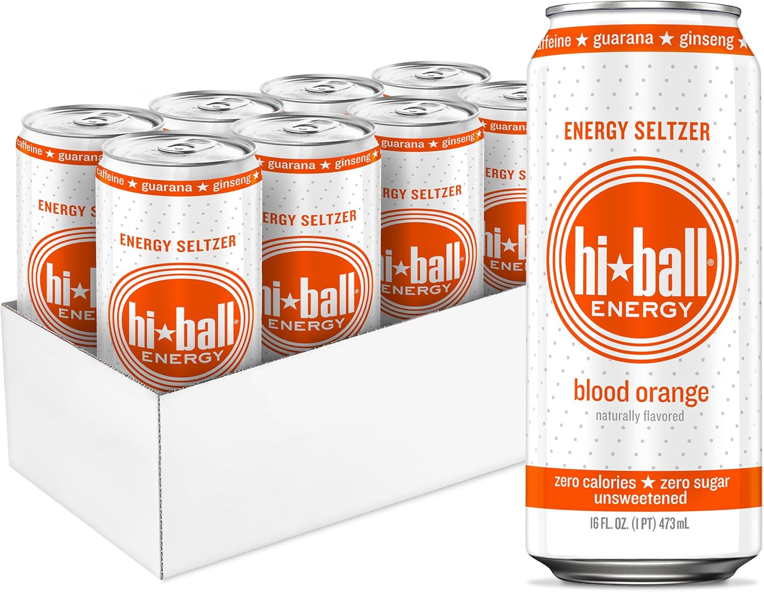 Hiball Clean Energy Drink - Blood Orange - Zero Sugar, Zero Calorie Sparkling Water with 160mg Organic Caffeine, 50mg Organic Ginseng, 50mg Organic Guarana and B Vitamins - 16 fl oz (8-Pack)