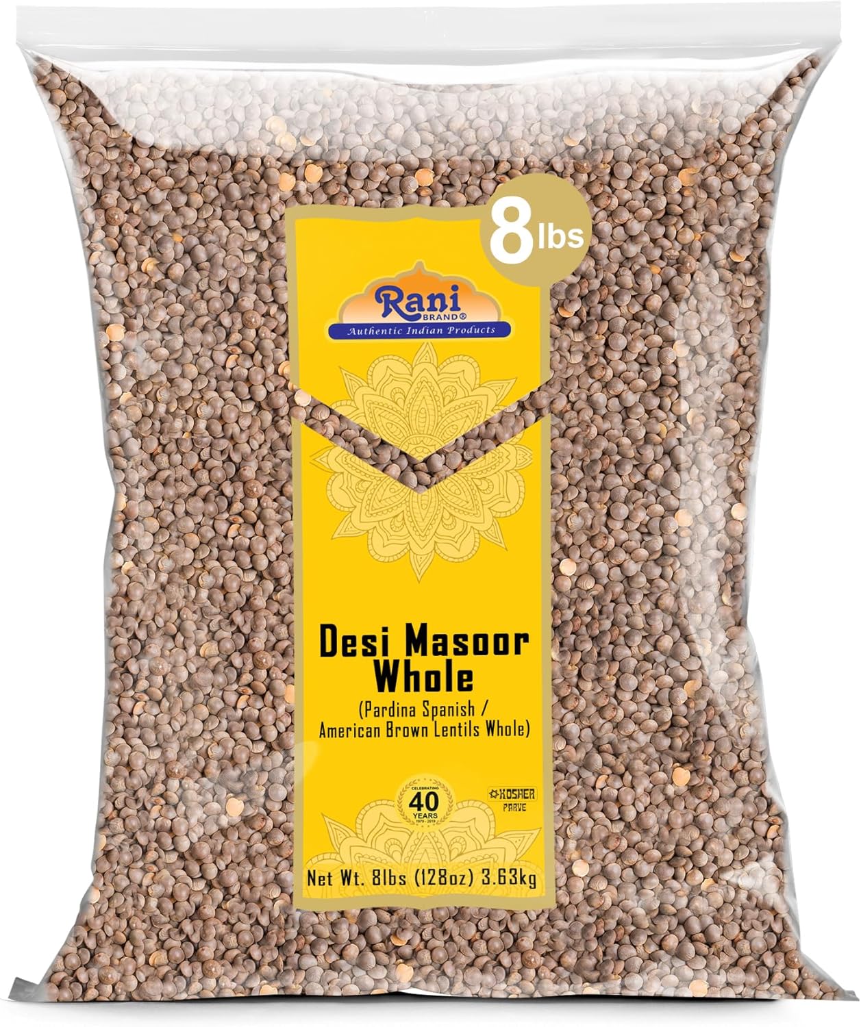 Rani Desi Masoor (Masur) Whole 128oz (8lbs) 3.63kg (aka. Pardina Spanish/American Brown Lentils Whole) Bulk ~ All Natural | Vegan | NON-GMO | Kosher | Gluten Friendly | Product of USA