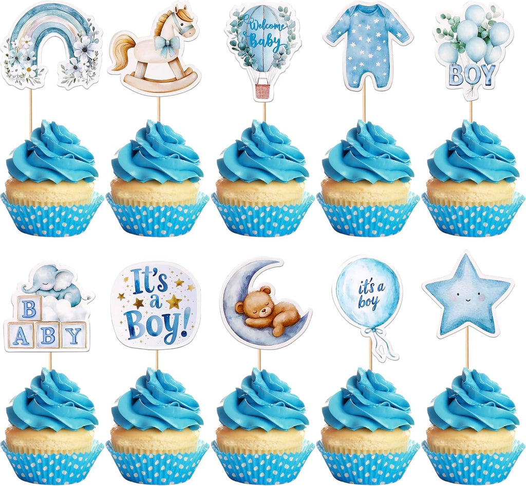 40 Pack Baby Boy Cupcake Toppers Baby Shower Cupcake Picks Bear It's a Boy Star Cake Decorations for Kids Gender Reveal Birthday Party Supplies Blue Style 2