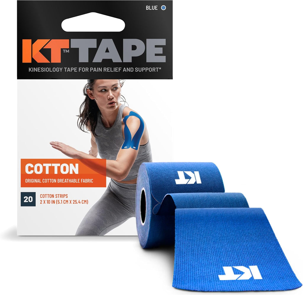 KT Tape, Original Cotton, Elastic Kinesiology Tape, Everyday Muscle and Joint Support, Daily Pain Relief, 20 Count, 10” Precut Strips, Blue