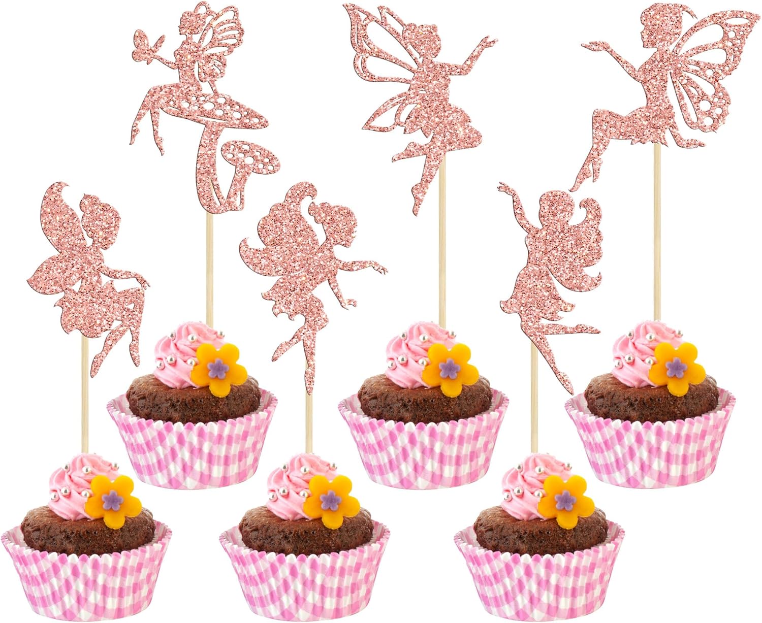 Gyufise 24Pcs Fairy Cupcake Toppers Glitter Flower Angel Fairy Ballet Dancer Cupcake Picks for Wedding Bridal Shower Baby Shower Birthday Party Cake Decorations Supplies Rose Gold