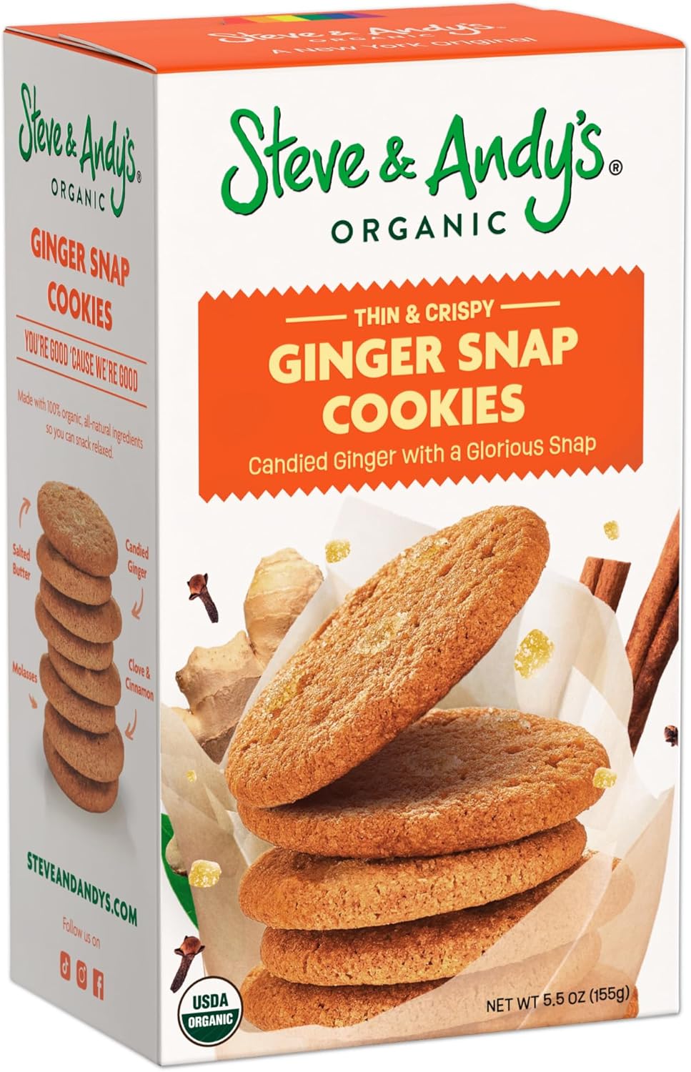 Steve & Andy’s Thin, Crispy & Scrumptious Ginger Snap Cookies - Organic & Gluten Free, Non-Gmo, Nut Free, Wheat Free, Soy Free - 1 Box, 5.5 Oz (10 Cookies)