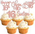 30 Pack Happy 16th Birthday Cupcake Toppers Rose Gold Glitter Sixteen Cheers to 16 Years Old Birthday Cupcake Picks for Happy 16th Anniversary Party Cake Decorations