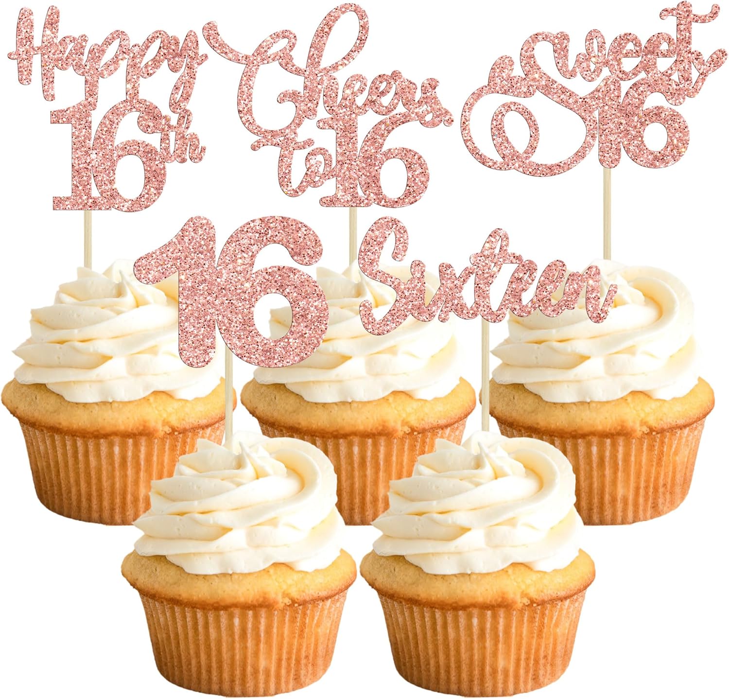 30 Pack Happy 16th Birthday Cupcake Toppers Rose Gold Glitter Sixteen Cheers to 16 Years Old Birthday Cupcake Picks for Happy 16th Anniversary Party Cake Decorations