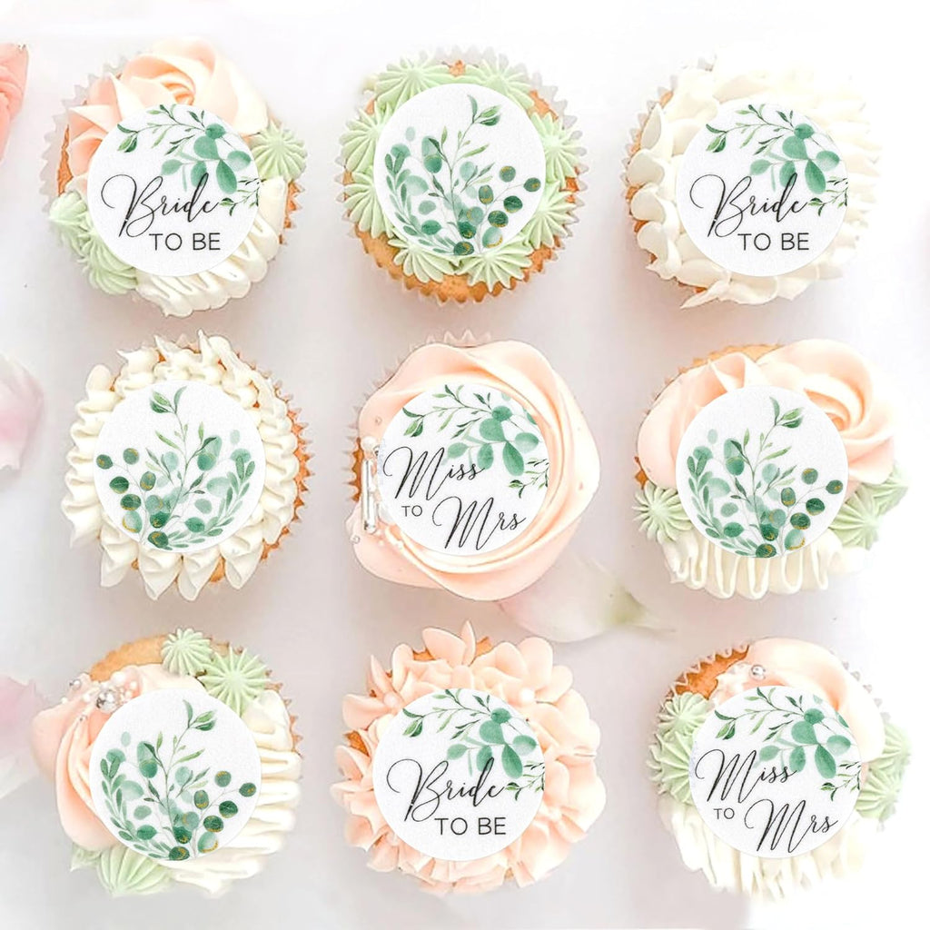 40pcs Edible Greenary Bride to Be Cupcake Toppers Edible Circle Mr Mrs Cupcake Picks for Green Leaves Theme Bridal Shower Engagement Newly Married Greenery Wedding Party Decorations