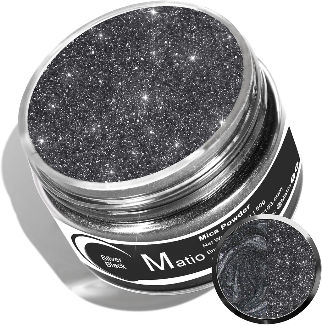 Matio Silver Black Mica Powder for Epoxy Resin, 1.8oz/ 50g Pearlescent Effect Mica Powder Natural Color Pigment for Soap Making, Bath Bomb, Candle Dye,Resin Craft,Paint,Nails Art,Jewelry,Slime Pigment