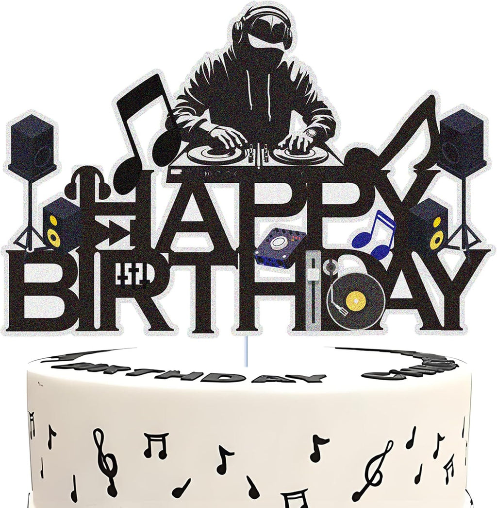 Dj Disco Happy Birthday Cake Topper Music Rock Disco Hip Hop Black Glitter Cake Decoration Carnival party Dj Disco Unisex adult Theme Birthday Party Supplies