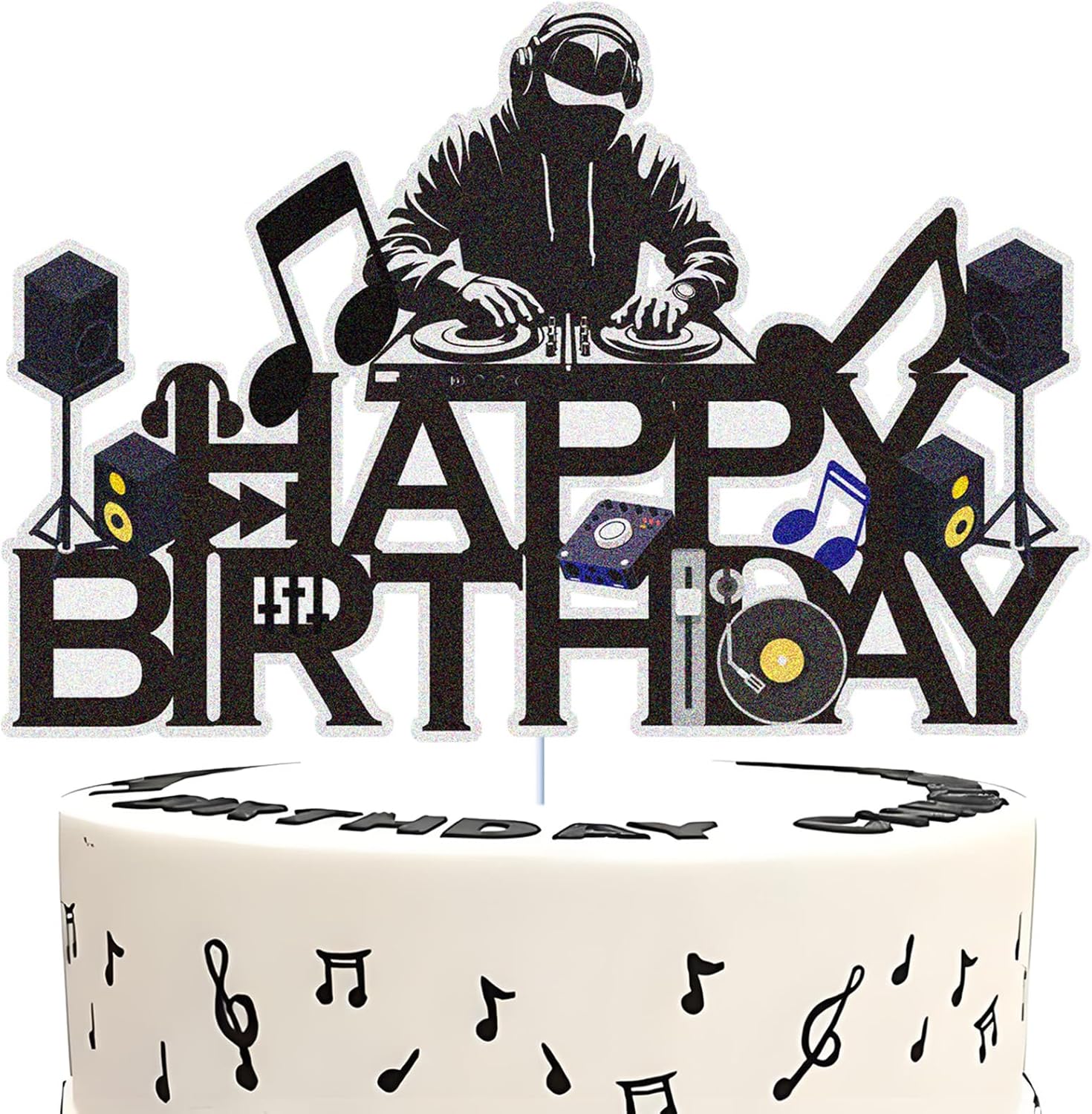 Dj Disco Happy Birthday Cake Topper Music Rock Disco Hip Hop Black Glitter Cake Decoration Carnival party Dj Disco Unisex adult Theme Birthday Party Supplies