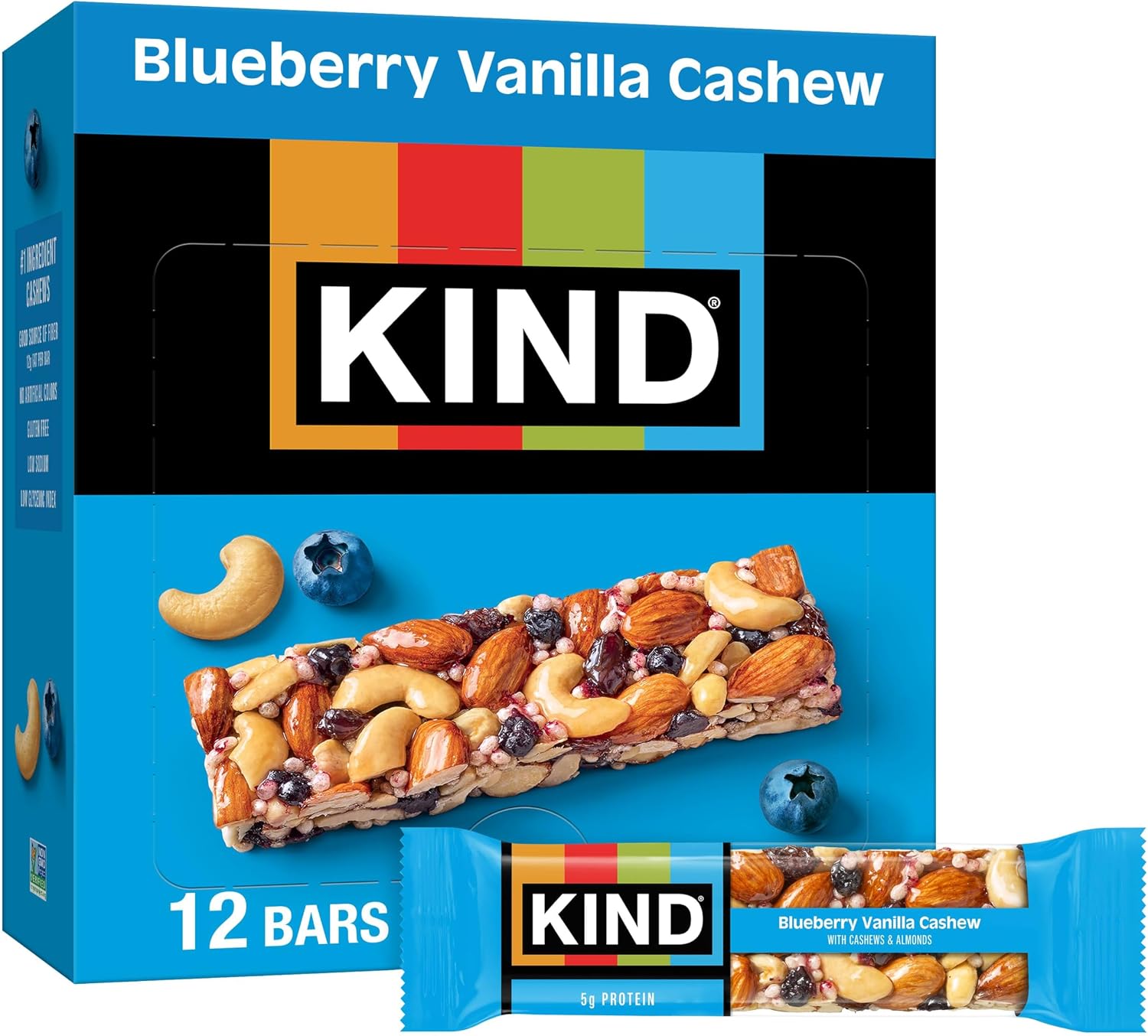 KIND Bars, Blueberry Vanilla Cashew, Healthy Snacks, Gluten Free, 5g Protein, 12 Count