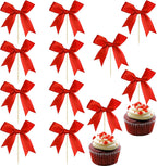 Ephlyn 24Pcs Red Bow Cupcake Toppers Bow Cake Topper Birthday Decorations Mini Bowknot Cupcake Picks for Coquette Theme Party Decoration Bachelorette Bridal Engagement Wedding Party Red