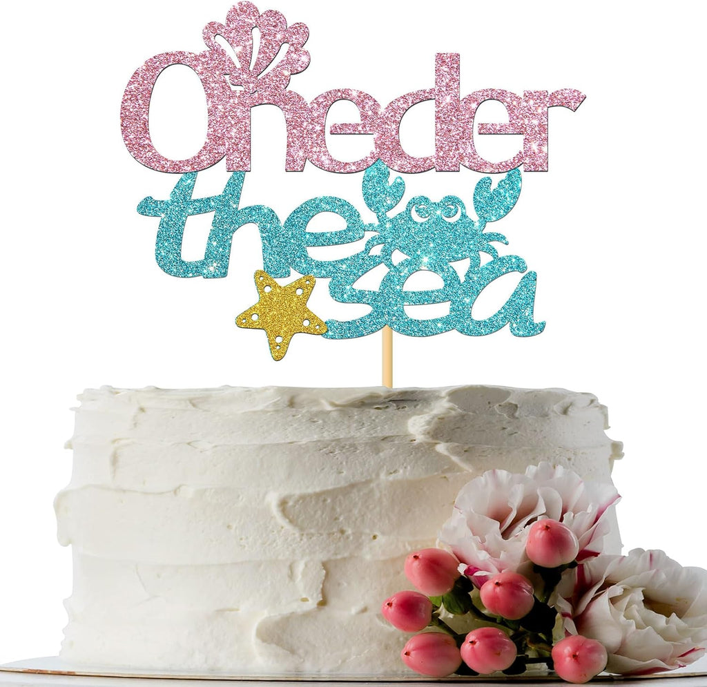 Oneder the Sea Cake Topper - Girl's 1st Birthday Party Decorations, Mermaid Baby Shower Cake Topper, Ocean World Gender Reveal Party Decoration Suppllies, Glitter