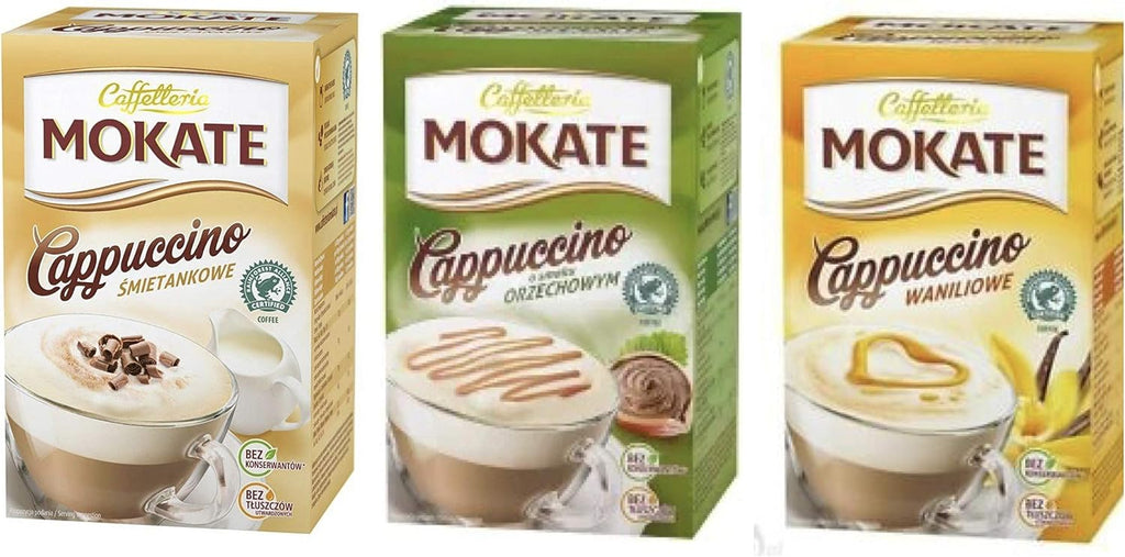 MOKATE CAPPUCCINO 3 PACK x 160 g (5.64 oz) Hazelnut, Vanilla, Cream. Product of Poland.
