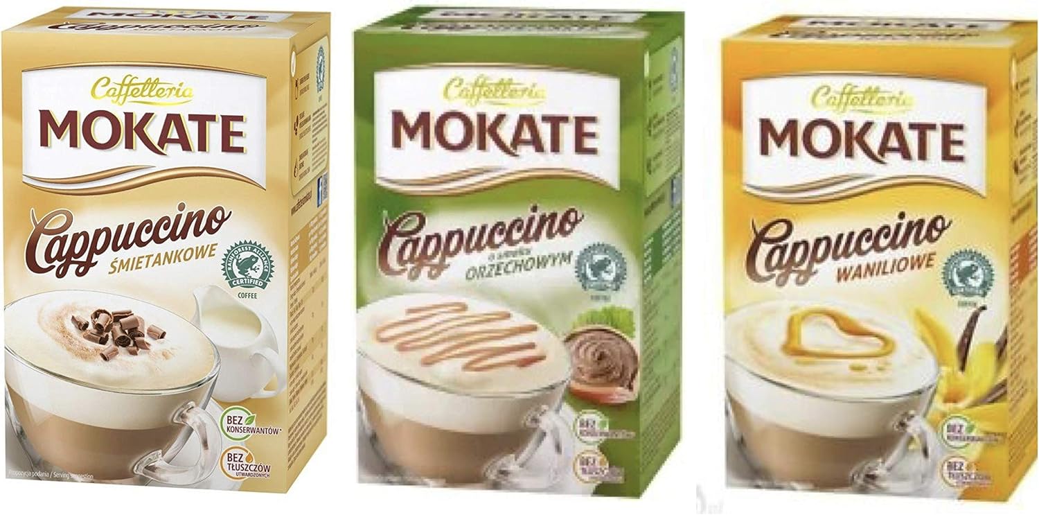 MOKATE CAPPUCCINO 3 PACK x 160 g (5.64 oz) Hazelnut, Vanilla, Cream. Product of Poland.