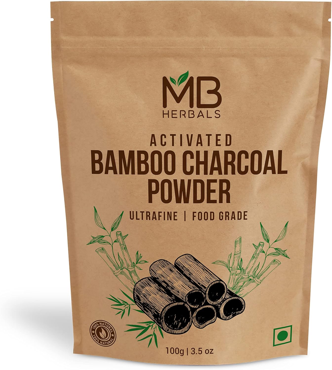 MB Herbals Activated Bamboo Charcoal 3.5 oz (100g) | Food Grade Charcoal for Baking, Skin Care & Hair Care
