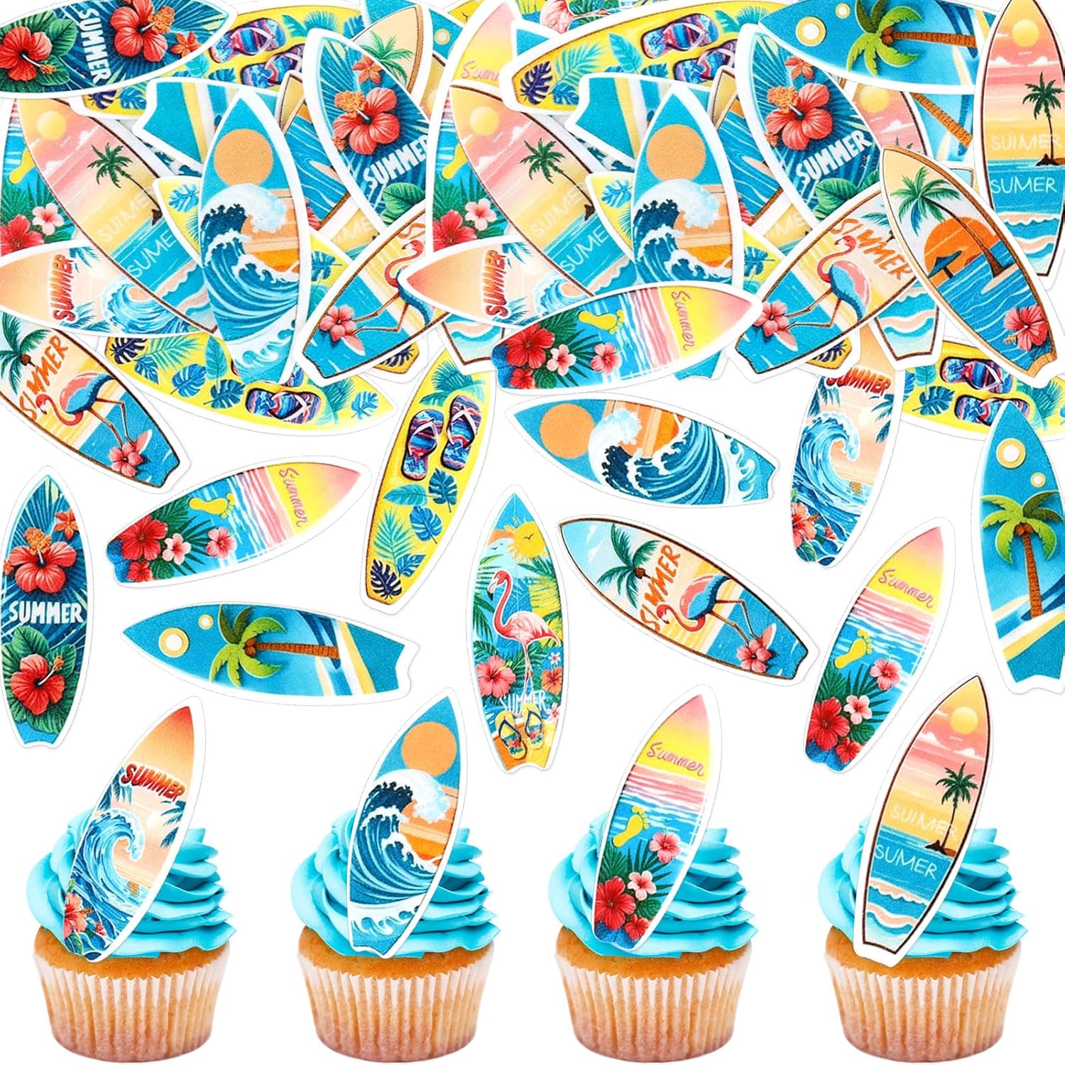 Ercadio 40Pcs Edible Surfboard Cupcake Toppers Surfboard Beach Cake Decorations Picks Surfboard Mini Accents for Swimming Pool Summer Beach Party Luau Birthday Baby Shower Party Supplies