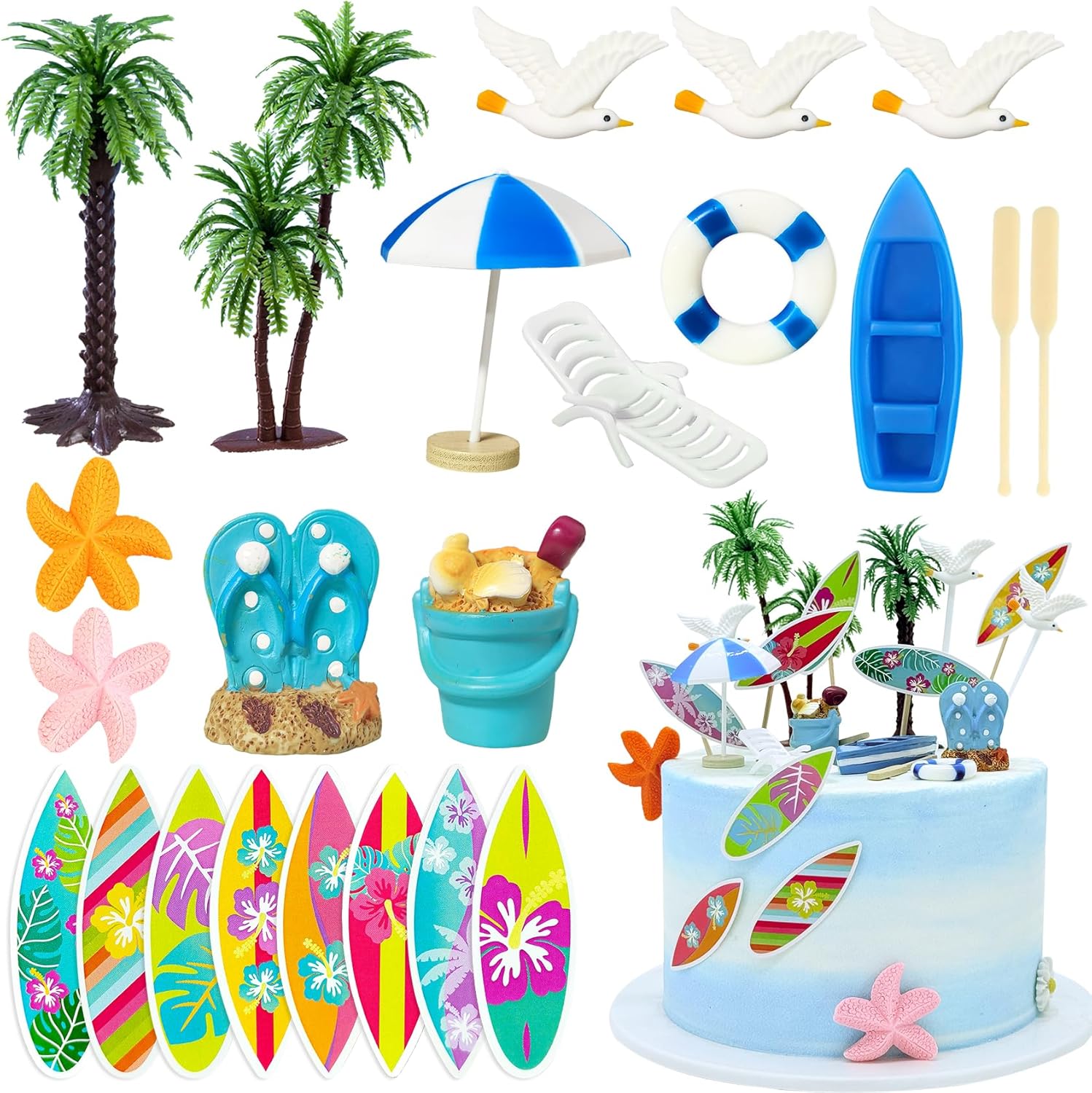 Knana 23Pcs Hawaiian Cake Topper Beach Theme Cake Decorations Surfboard Cake Topper for Summer Beach Birthday Party Supplies