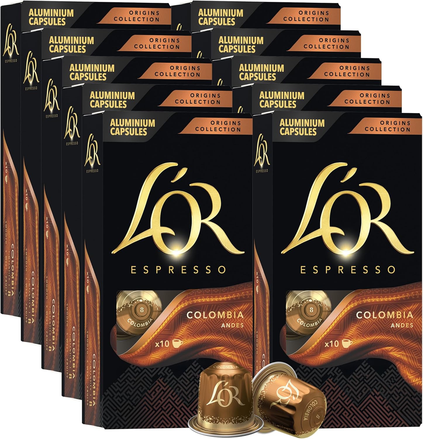 L'OR Espresso Capsules, 100 Count Colombia, Single-Serve Aluminum Coffee Capsules Compatible with the L'OR BARISTA System & *Nespresso Original Machines