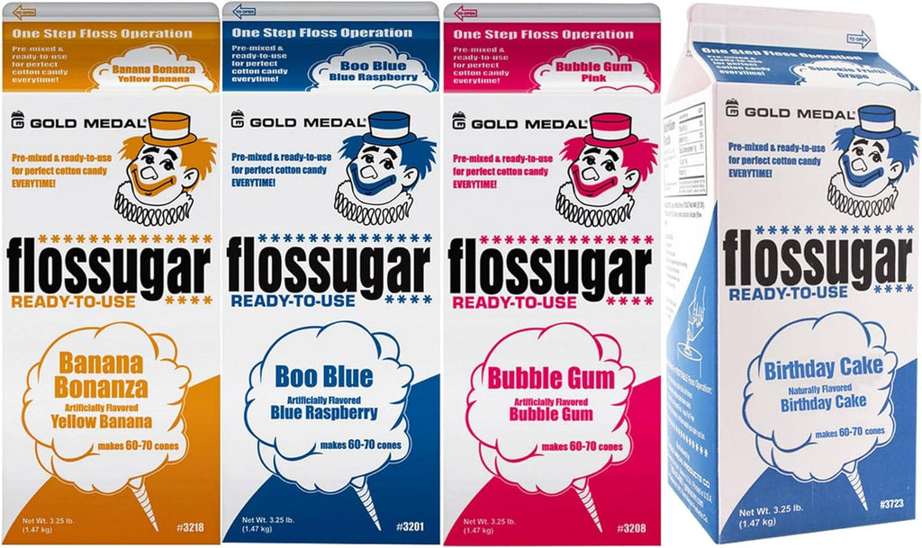 Cotton Candy Floss sugar Mix Flavors | Pack Of 4 | Banana, Blue Raspberry, Bubble Gum and Birthday Cake Flavors | 1/2 Gallon Cartons