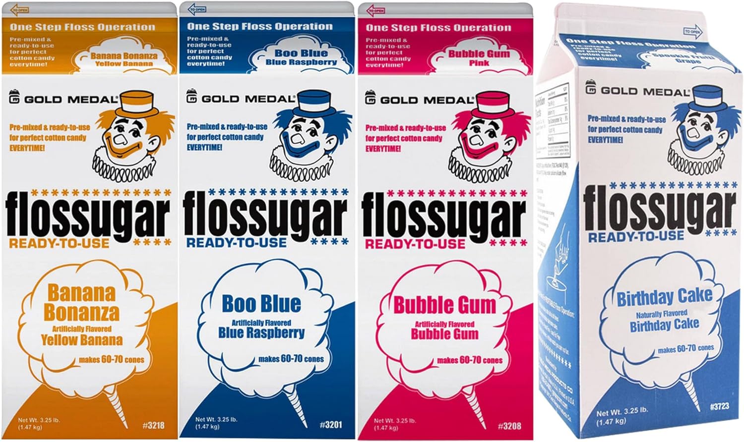 Cotton Candy Floss sugar Mix Flavors | Pack Of 4 | Banana, Blue Raspberry, Bubble Gum and Birthday Cake Flavors | 1/2 Gallon Cartons