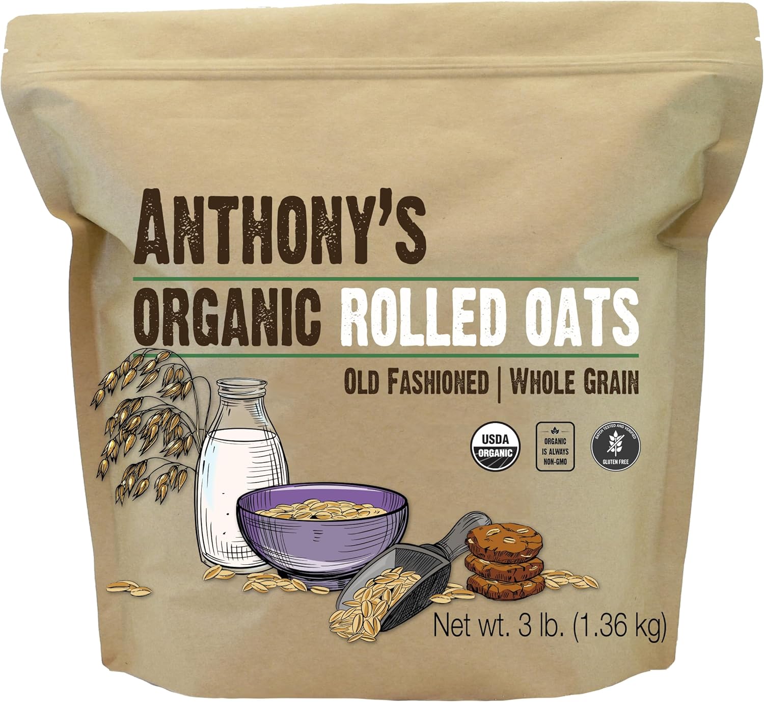 Anthony's Organic Rolled Oats, 3 lb, Gluten Free, Non GMO, Old Fashioned, Whole Grain