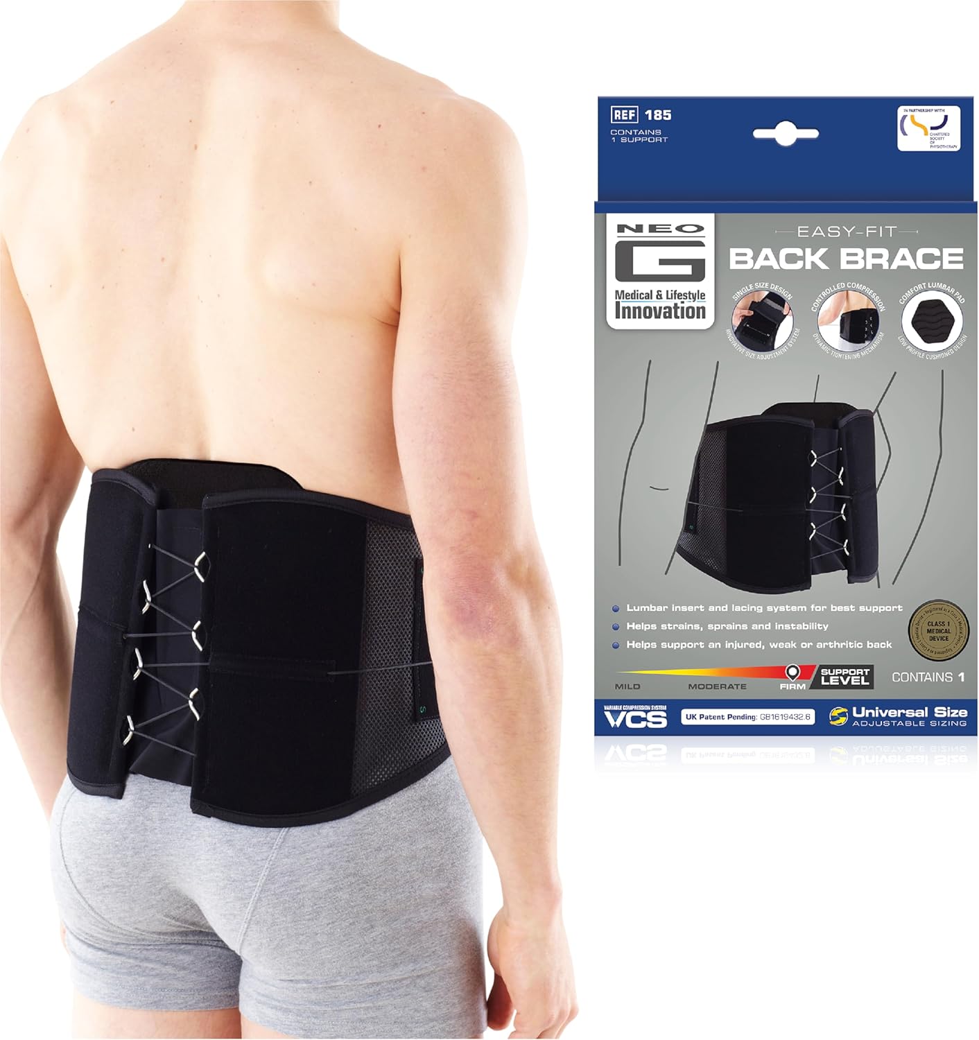 Neo-G Easy-Fit Back Brace – Support for Lower Back Pain, Muscle Spasm, Arthritis, Strains, Sprains & Instability - Adjustable Lacing System & Lumbar Pad - Class 1 Medical Device – 1 Size - Black