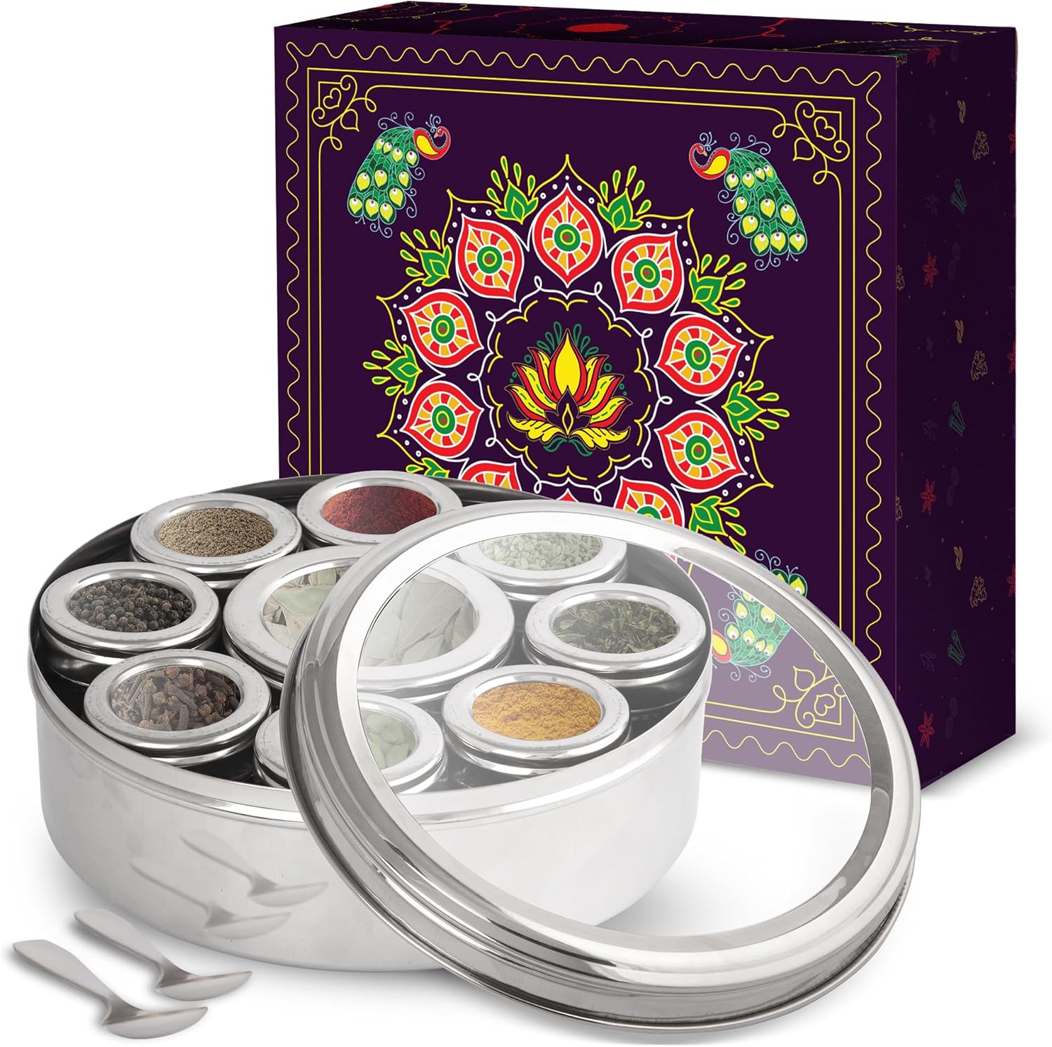 Large Spice Container Masala Dabba With 9 Compartments, Masala Box, Spice Container Box, Stainless Steel Spice Box Indian Masala Dabba with Transparent Lid