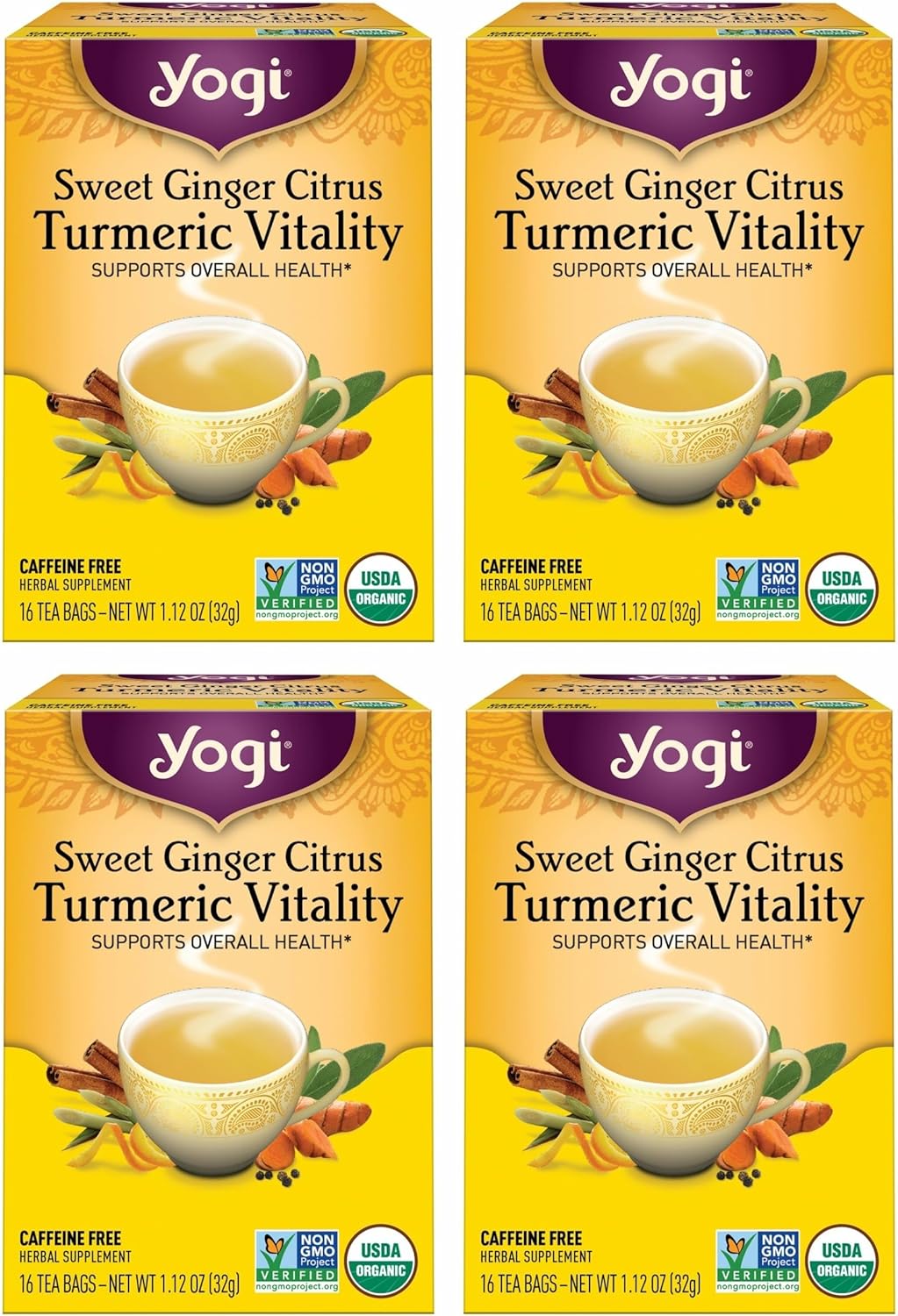 Yogi Tea Sweet Ginger Citrus Turmeric Vitality - 16 Bags per Pack (4 Packs) - Organic Ginger & Turmeric Root Tea - Supports Well-being - Includes Cinnamon Bark & More