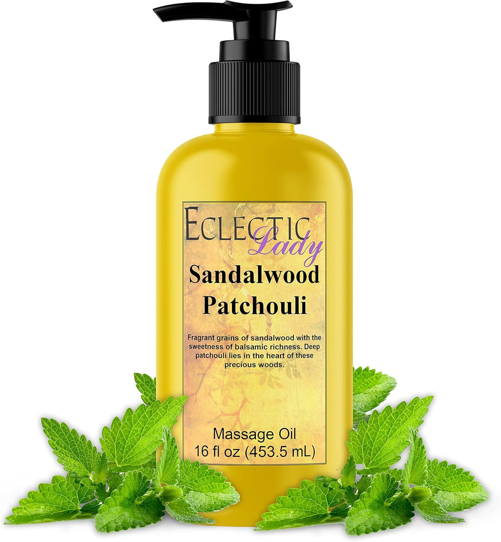 Sandalwood Patchouli Essential Massage Oil - Sweet Almond and Jojoba Oil, Preservative-Free, Perfect for Aromatherapy and Relaxation (16 oz)