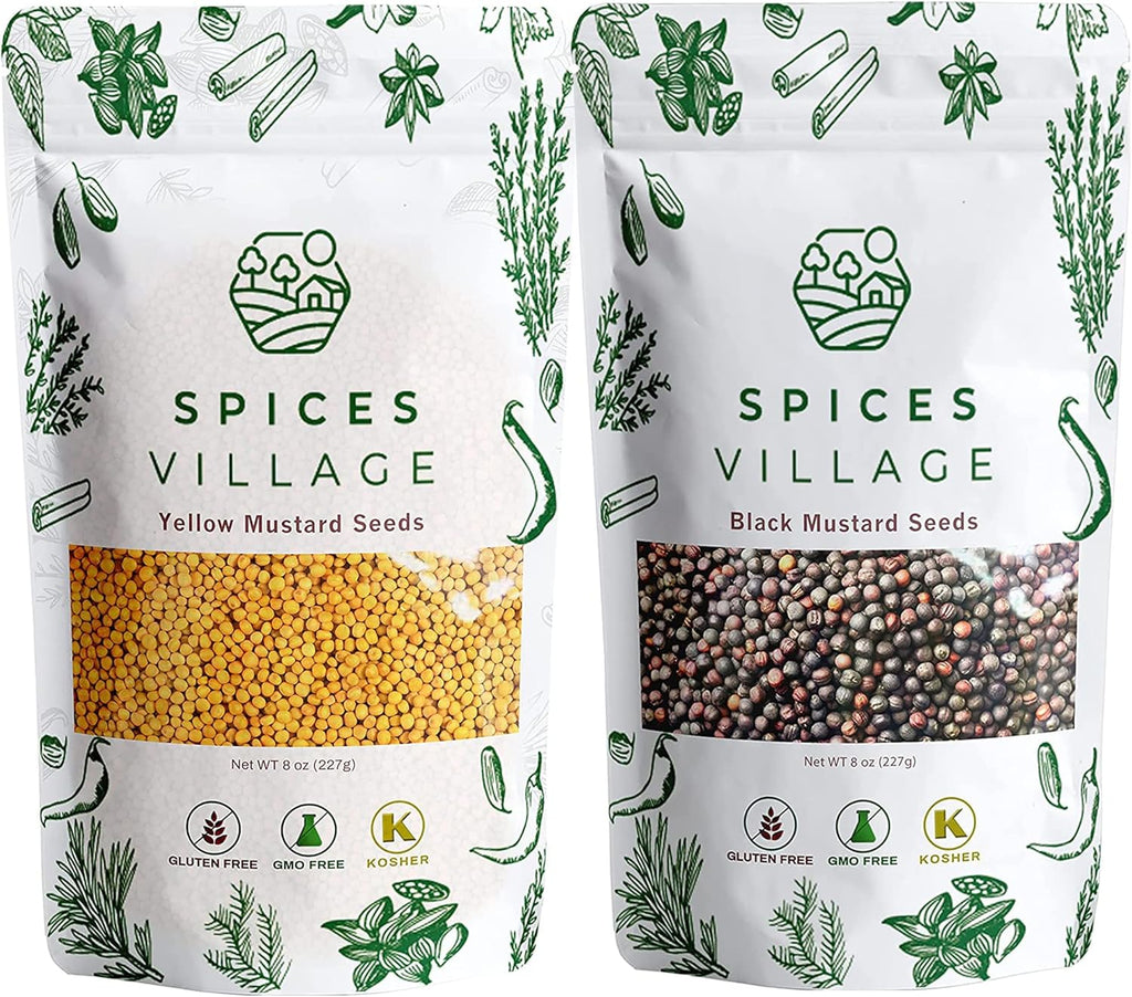 SPICES VILLAGE Yellow Mustard Seeds & Black Mustard Seeds [8oz each] - Kosher, Gluten Free, Non GMO, Resealable Bulk Bag