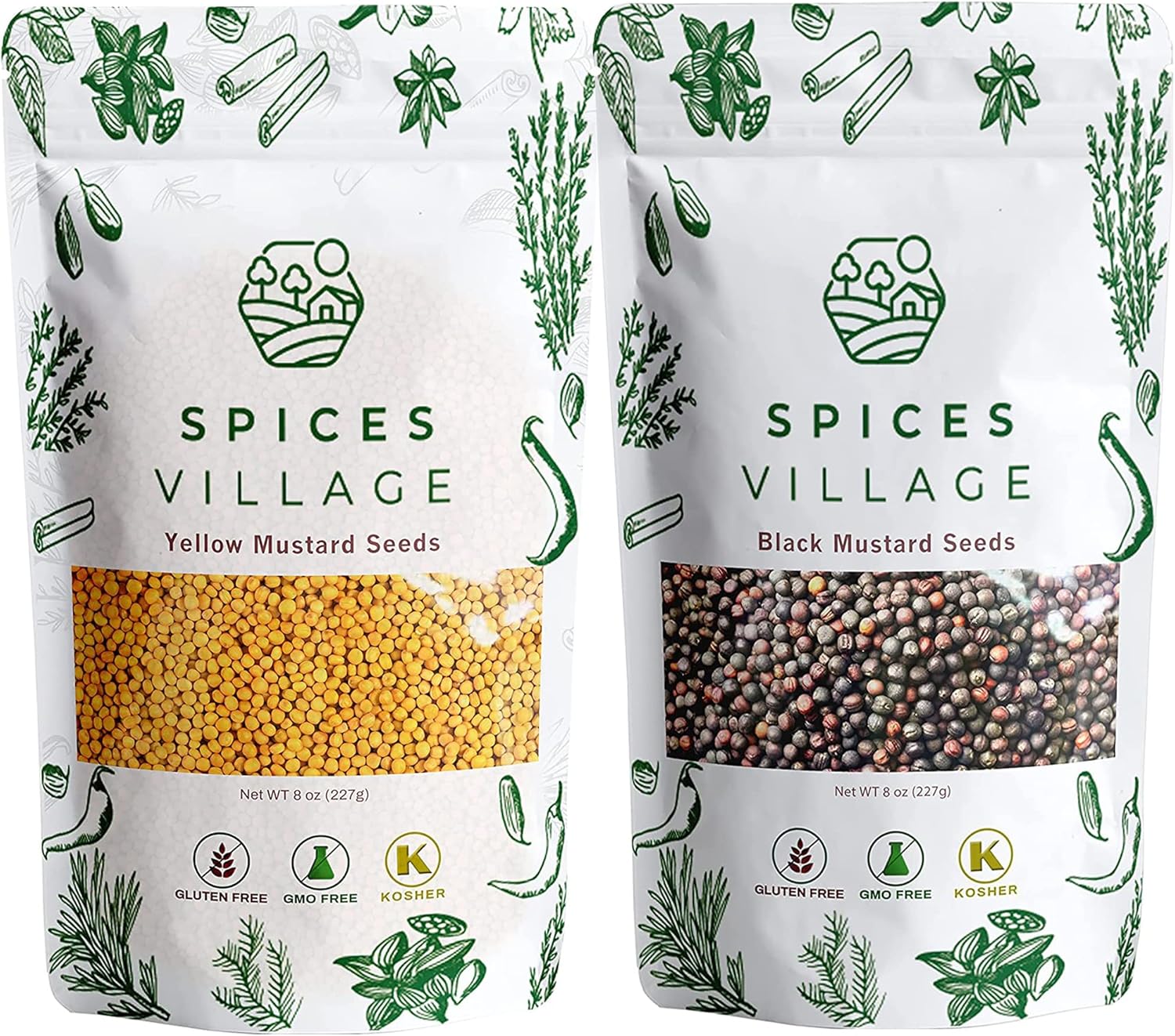 SPICES VILLAGE Yellow Mustard Seeds & Black Mustard Seeds [8oz each] - Kosher, Gluten Free, Non GMO, Resealable Bulk Bag