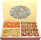Ghasitaram Gifts Valentines Gift for Girlfriend/Boyfriend/Husband and Wife - Healthy Hampers - Eco Print 4 Part 12 Pcs Sugarfree Dates and Figs Bites,Almonds and Roasted Namkeen Hamper Box