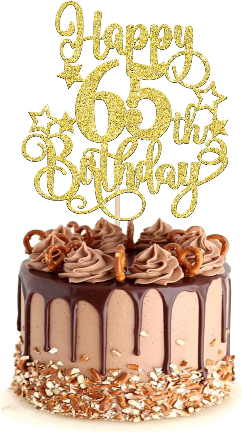 1 PCS Happy 65th Birthday Cake Topper Glitter Cheers to 65 Years Birthday Cake Pick Hello 65 Fabulous Cake Decoration for Happy 65th Birthday Anniversary Party Decorations Supplies Gold
