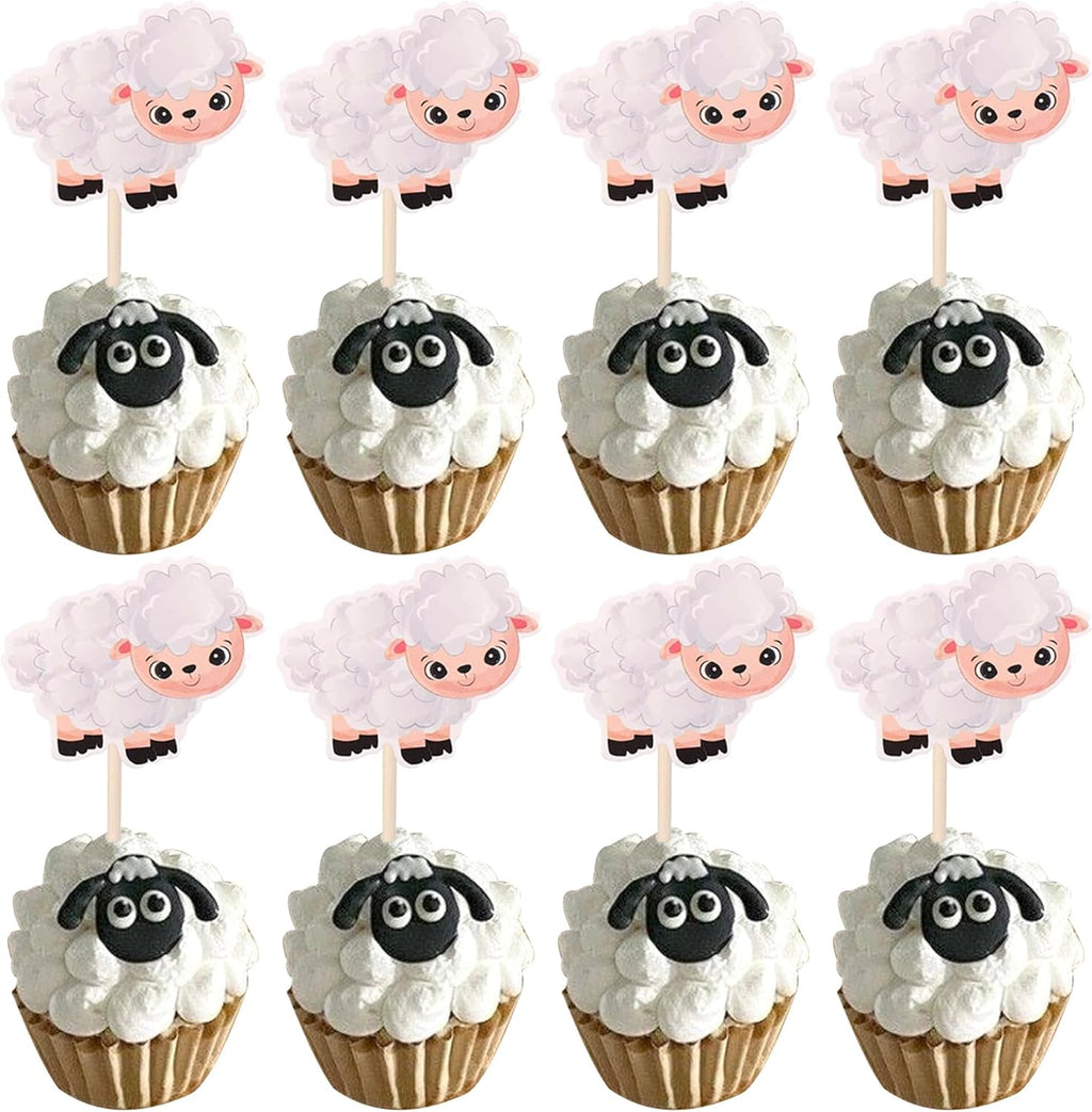 24 Pack Sheep Cupcake Toppers Farm Animals Theme Cupcake Picks Decorations for Baby Shower Kids Boys Girls Birthday Baby Shower Party Supplies