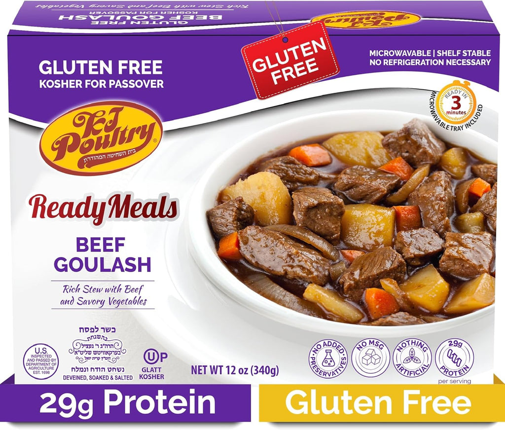 KJ Poultry Kosher for Passover Gluten Free Meals, Beef Goulash Stew with Vegetables (1 Pack) Prepared Entree Fully Cooked, Shelf Stable Microwave Dinner, Travel, Military, Camping, Emergency Survival