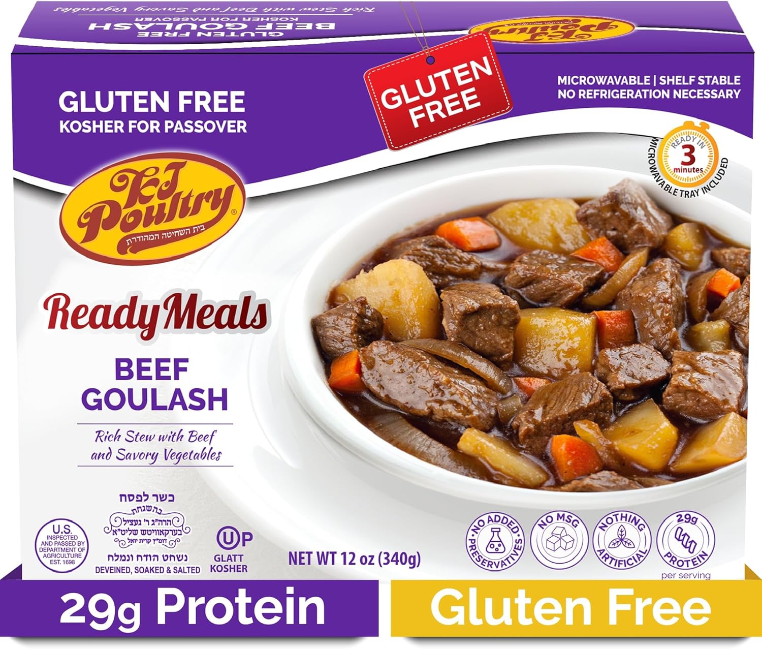 KJ Poultry Kosher for Passover Gluten Free Meals, Beef Goulash Stew with Vegetables (1 Pack) Prepared Entree Fully Cooked, Shelf Stable Microwave Dinner, Travel, Military, Camping, Emergency Survival
