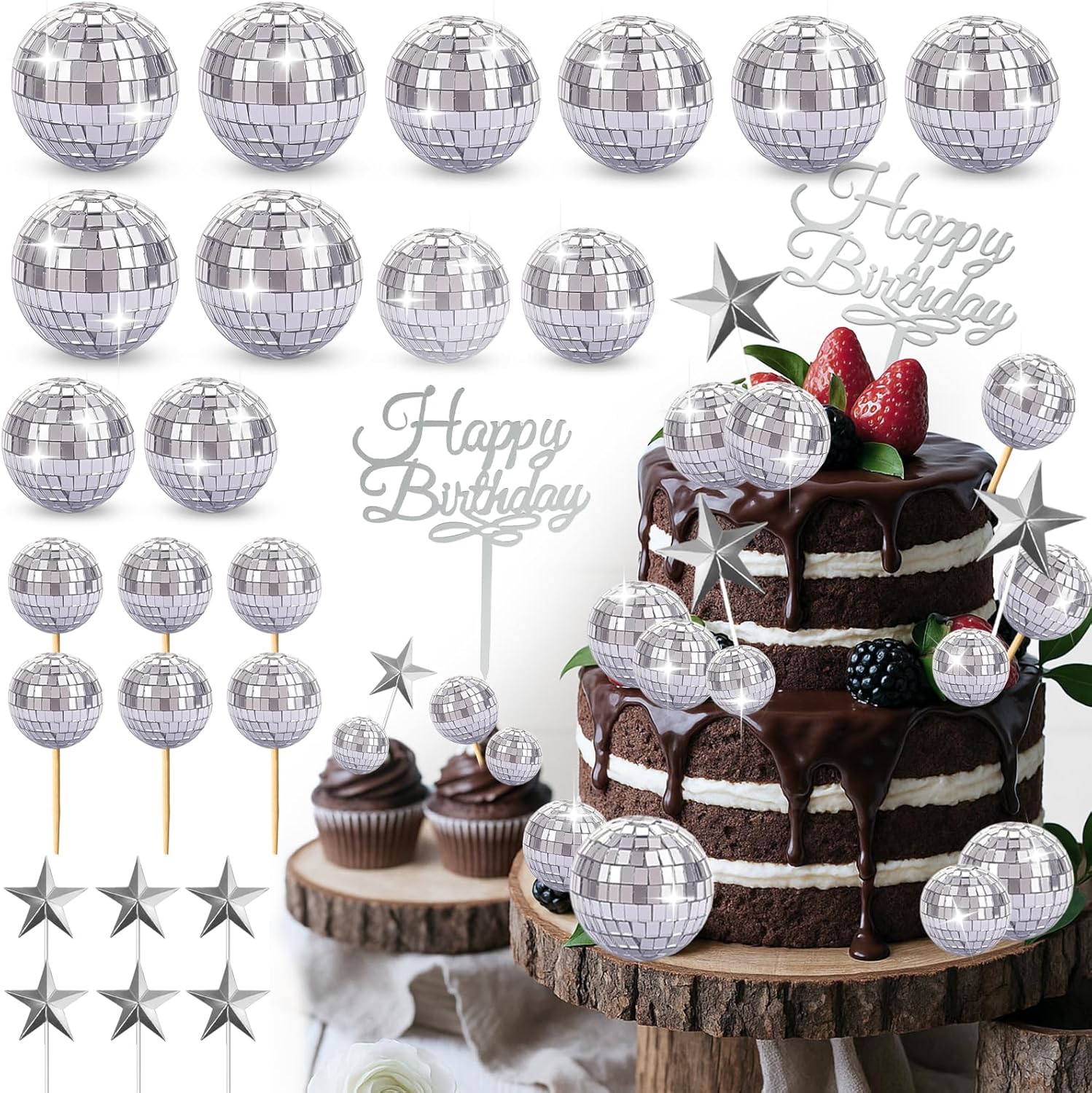 33PCS Disco Ball Cake Toppers Happy Birthday Cupcake Topper Set 1970s Disco Ball Cake Picks & Disco Theme Cake Decorations Fun 70s Disco Party Favors for Birthday Wedding & Retro Dance Party