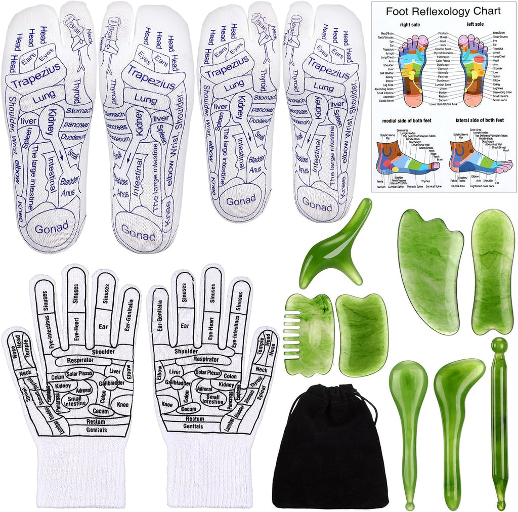 Threlaco 16 Pcs Reflexology Socks and Gloves with Tools Foot Reflexology Socks with Acupressure Gloves & 8 Pcs Massage Point Tools Foot Relief Acupressure Massager Set for Women and Men(Green)