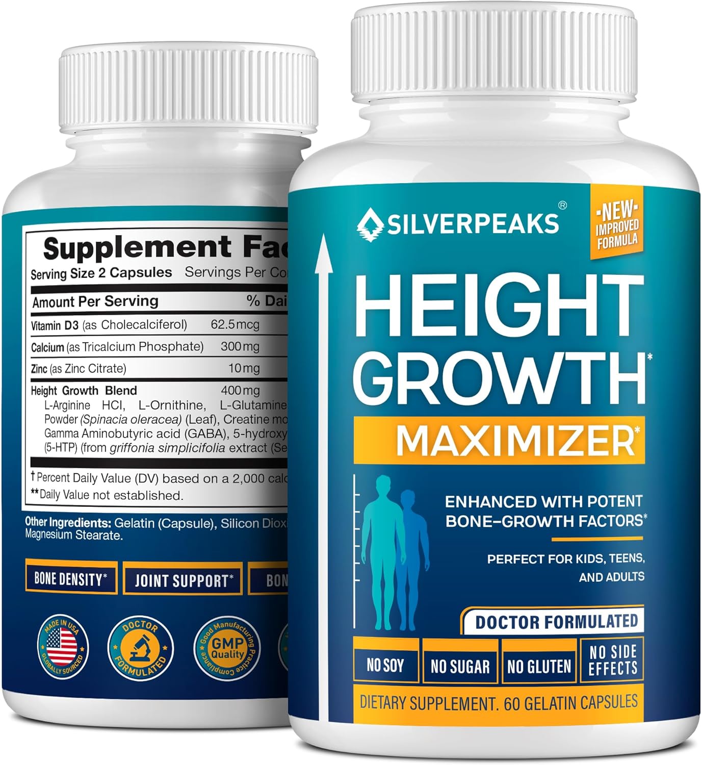 SILVERPEAKS Height Growth Maximizer - Natural Pills to Grow Taller Made in USA with Calcium for Bone Strength Get Supplement That Increases Free of Hormone, 60 Count (Pack of 1)