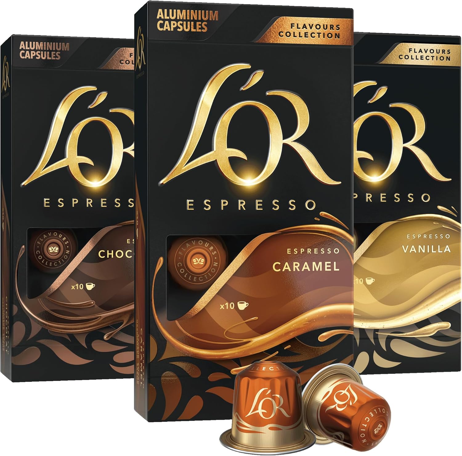 L'OR Espresso Capsules, 30 Count Variety Pack Vanilla/Chocolate/Caramel, Single-Serve Aluminum Coffee Capsules Compatible with the L'OR BARISTA System & *Nespresso Original Machines
