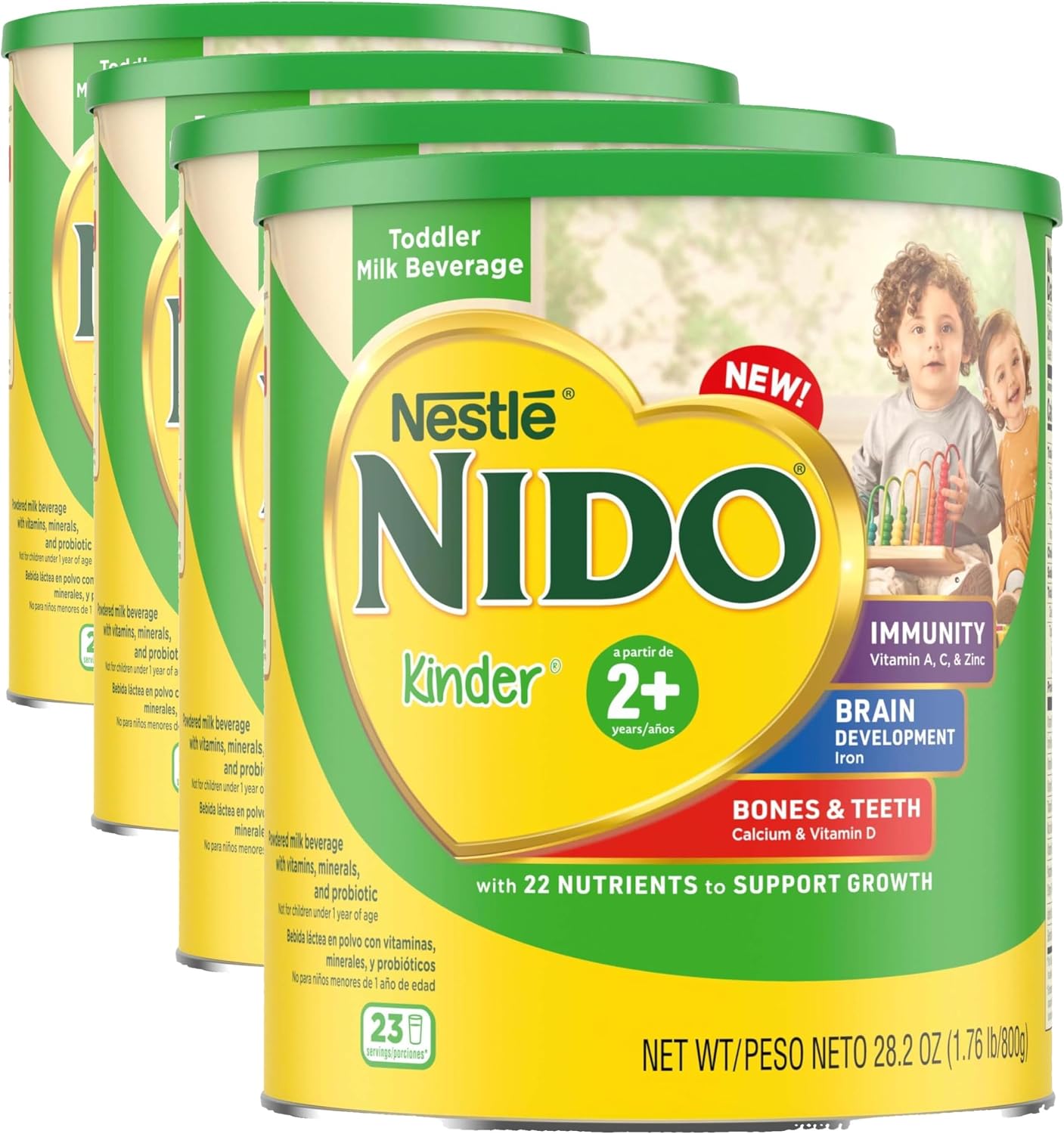 Nestlé NIDO Kinder Toddler Milk Beverage Powder Mix, 2 + Years, 23 Servings per Container, 28.2oz (Pack of 4)