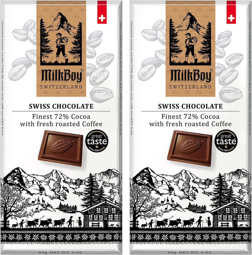 Milkboy Swiss Chocolates Dark Chocolates with Coffee - 72% Cocoa - Gourmet Dark Chocolate Bars - Made in Switzerland - Gluten Free - Sustainably Farmed - Non GMO - Vegan - 3 oz, Pack 2