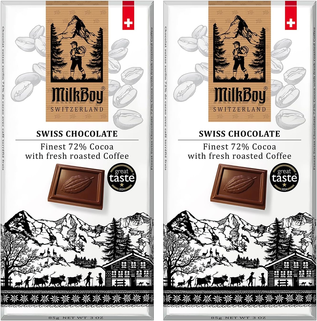 Milkboy Swiss Chocolates Dark Chocolates with Coffee - 72% Cocoa - Gourmet Dark Chocolate Bars - Made in Switzerland - Gluten Free - Sustainably Farmed - Non GMO - Vegan - 3 oz, Pack 2