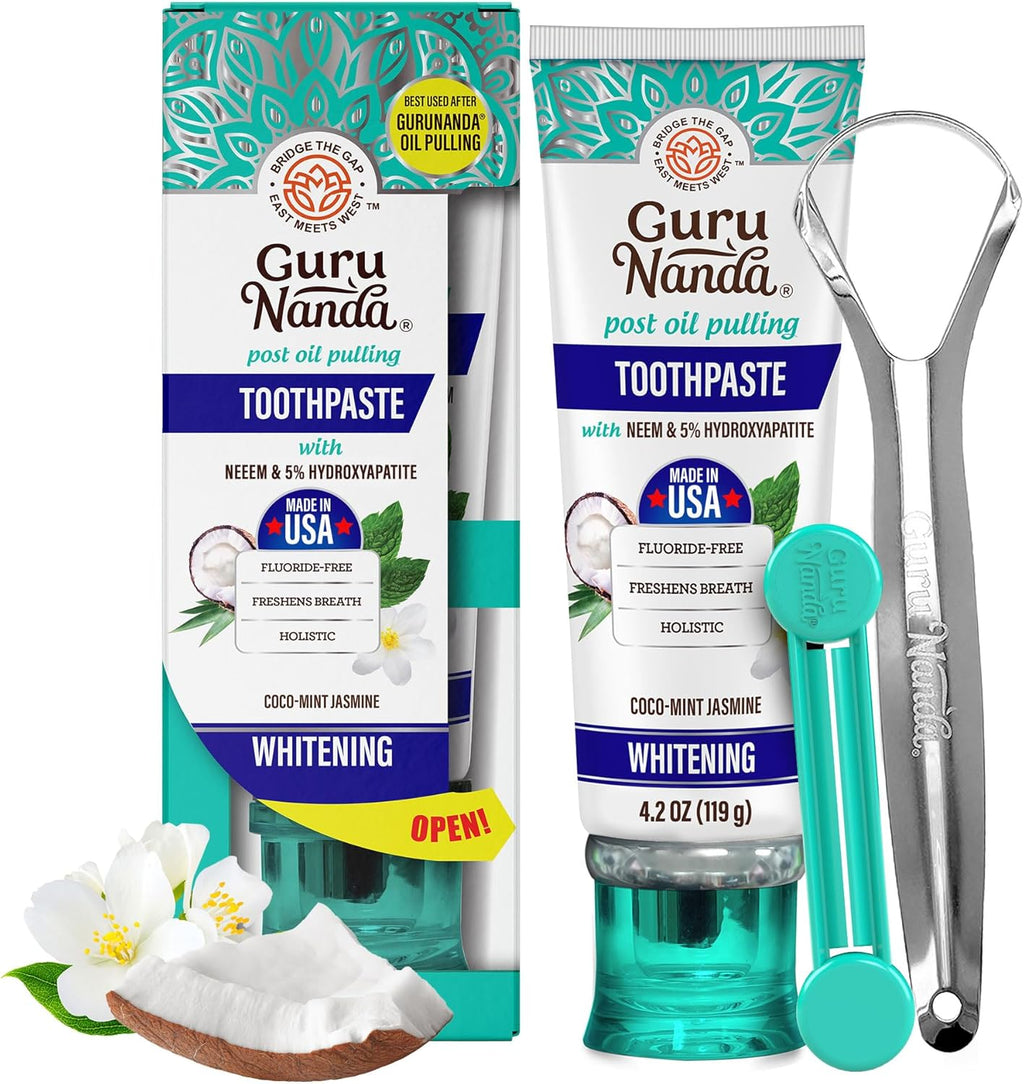GuruNanda Hydroxyapatite Toothpaste, SLS & Fluoride Free, Whitening Toothpaste with Tongue Scraper & Squeezer - Freshens Breath, Fights Plaque - Natural CocoMint Jasmine Neem, 4.2oz