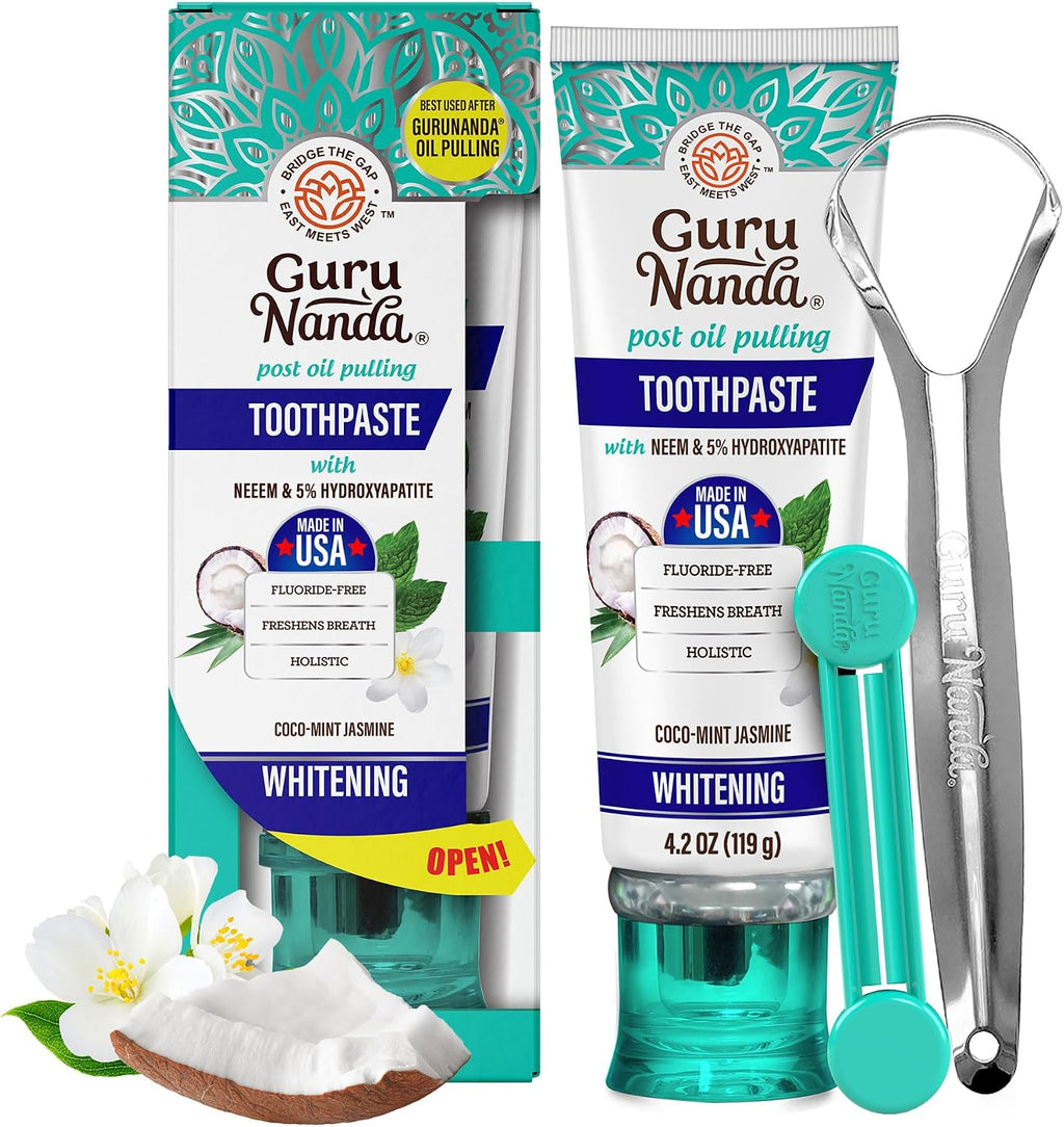 GuruNanda Hydroxyapatite Toothpaste with Neem, SLS & Fluoride Free, Whitening Toothpaste with Tongue Scraper & Squeezer - Freshens Breath, Fights Plaque - Natural CocoMint Jasmine, 4.2oz