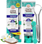 GuruNanda Hydroxyapatite Toothpaste with Neem, SLS & Fluoride Free, Whitening Toothpaste with Tongue Scraper & Squeezer - Freshens Breath, Fights Plaque - Natural CocoMint Jasmine, 4.2oz