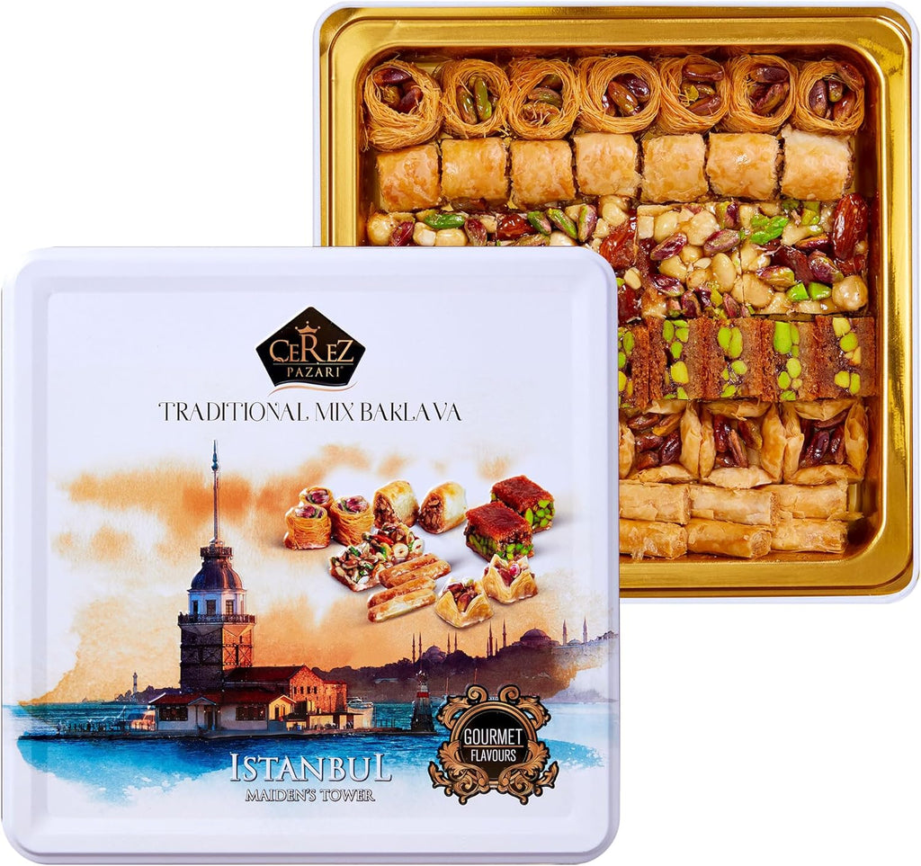Cerez Pazari Baklava Pastry Gift Set - Turkish Baklava Pastry With Nuts & Spices - Baklava Gift Box From Turkey - Pastry, Halal Snacks - Assorted 45-48 Pieces Per Metal Dessert Box - 1.32 lbs